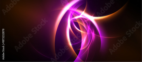 Abstract swirls, vibrant purple glows, orange hues create dynamic energy. Light forms flowing shapes, dark background enhances contrast.