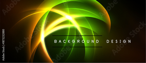 Bright neon curves create dynamic abstract background. Vivid green, yellow, orange hues blend seamlessly. Modern design element.