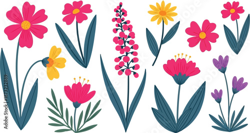 Bright colorful spring flowers vector set isolated on white background