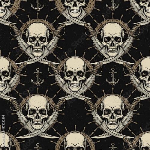 Dark Skull and Sword Pattern with Crossed Swords and Nautical Elements for Gothic or Pirate Themed Designs