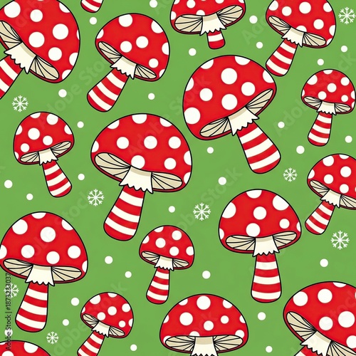 Festive Red and White Mushroom Pattern on Green Background for Holiday Decorations