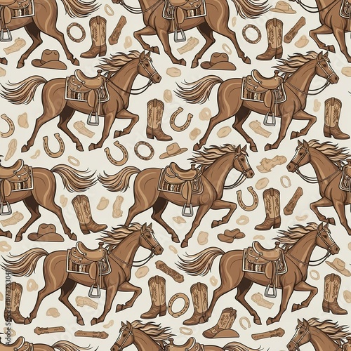 Illustration Pattern of Running Horses with Cowboy Accessories and Western Items in Brown Shades