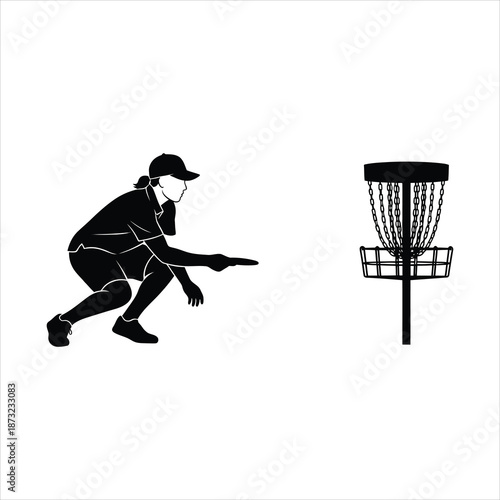 Ultimate frisbee putt stance silhouette with crouched player aiming disc toward basket in black and white vector
