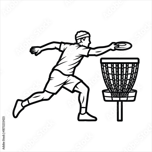 Ultimate frisbee running approach silhouette with player sprinting toward basket holding disc in black and white vector