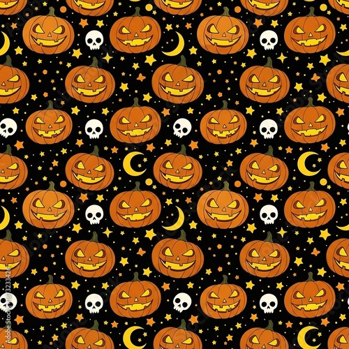 Halloween Pumpkins with Smiling Faces and Spooky Skulls Pattern in Black Background