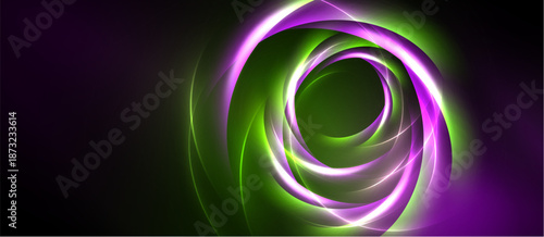 Vibrant swirling lights create abstract energy. Purple, green hues dominate dark background. Dynamic composition evokes motion, depth.