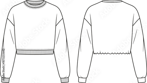 Cropped sweatshirt technical drawing illustration, long sleeve pullover top front back view, fashion design template for apparel production, cad drawing flat vector illustration