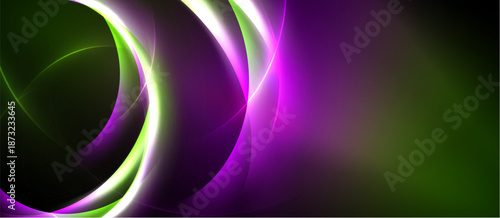 Abstract design features flowing curves, vibrant colors. Green, purple, white blend creating dynamic visual effect. Smooth gradients dominate composition.
