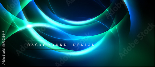 Abstract luminous waves, vibrant blue, green hues. Dark background emphasizes flowing lines, modern design element.