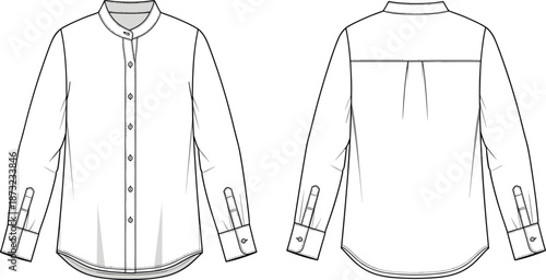 Men long sleeve button shirt technical fashion illustration, front back view apparel CAD drawing, flat vector design, classic collarless shirt template, textile production guide