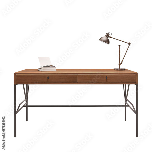 Modern Wooden Desk With Metal Legs and Desk Lamp Placed on Surface in a Brigh...