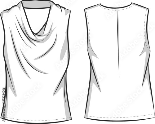 Sleeveless draped blouse technical fashion illustration, women top front back view, apparel CAD drawing, flat vector design, clothing template, textile production guide