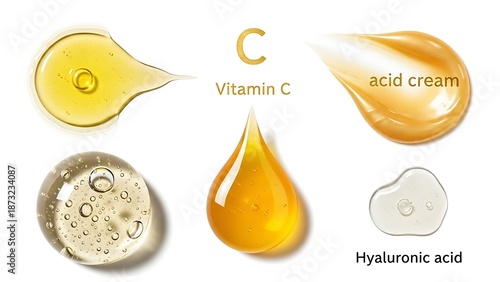 The droplets of vitamin C acid cream, hyaluronic acid and serum are on a white background with a close-up view.
