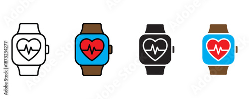 Smartwatch heart rate icon set vector on white background. heart rate, fitness, health, tracking, wearable, technology, medical icon. vector illustration.