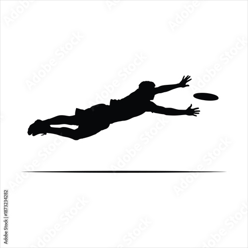 Ultimate frisbee sideline leap catch silhouette with player diving near boundary line and disc in fingertips