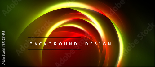 Abstract neon lights create dynamic circular shapes. Vivid colors blend, forming glowing background design. Dark space surrounds bright elements.