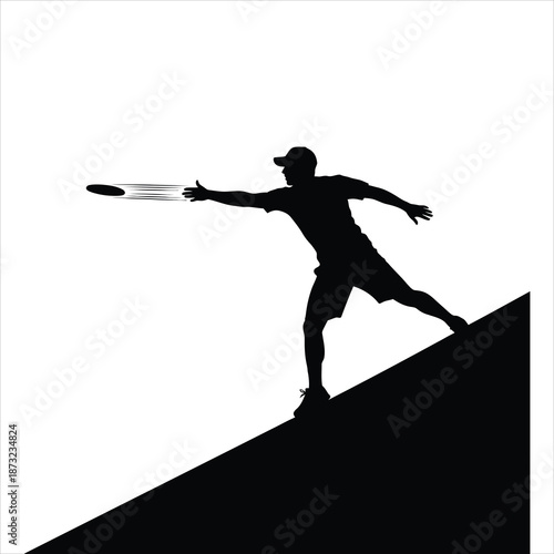 Ultimate frisbee throw from slope silhouette with player angled on hill and disc in motion in black and white vector