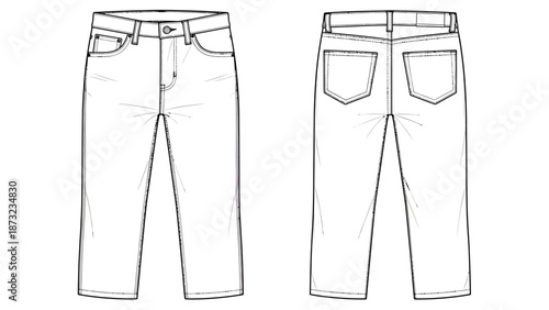 Technical fashion drawing of casual cropped pants, front and back views, perfect for apparel design, pattern making, and clothing development