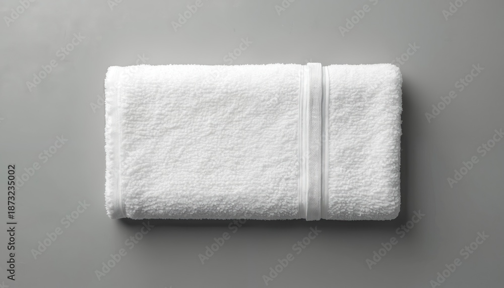 Fototapeta premium White cotton bath towel lies folded on a plain grey backdrop. Its soft fluffy texture and clean appearance make it ideal for design mockups and product presentations.