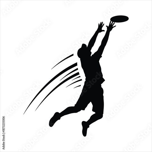 Ultimate frisbee player jumping throw silhouette with overhead disc release and dynamic motion lines in black and white