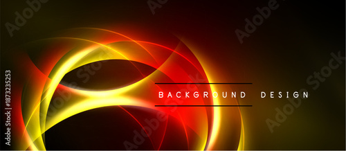 Dynamic abstract lines create vibrant energy. Red, yellow hues blend, forming flowing shapes against dark backdrop. Modern design element.