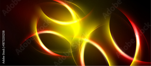 Abstract design features vibrant yellow, orange curves against dark background. Dynamic energy radiates from central focal point.