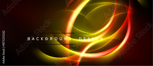 Abstract design features vibrant orange, yellow glows. Circular lines create dynamic energy, dark background enhances luminosity. Modern aesthetic.