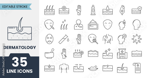 Dermatology line icons set with editable stroke. Containing skin diseases, treatment, beauty, skin health, skin care, acne and more. Vector illustration
