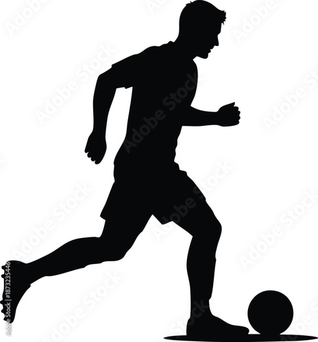 Dynamic silhouette of a male soccer player in motion, showcasing athleticism while dribbling a soccer ball on a field, perfect for sports-related marketing and promotions.