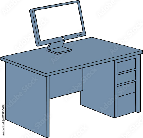 Modern blue office desk with a computer monitor, perfect for home or business workspaces, offering a stylish and functional design for any professional setting.