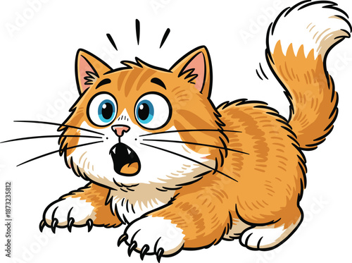 Startled cartoon cat vector illustration with wide blue eyes, fluffy tail, open mouth, shocked expression, orange fur, and dramatic pose.