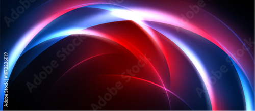 Abstract design features vibrant curves, blending red, blue, pink hues. Dynamic composition creates modern visual impact.