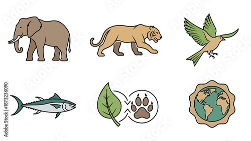 Collection of six diverse wildlife and nature icons featuring animals, plants, and a globe symbolizing conservation and environmental awareness