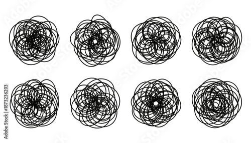 Black Hand Drawn Tangled Scribbles Set. Abstract Circular Messy Lines for Chaos, Stress, and Mental Health Concepts. Ink Sketch Design Elements.
