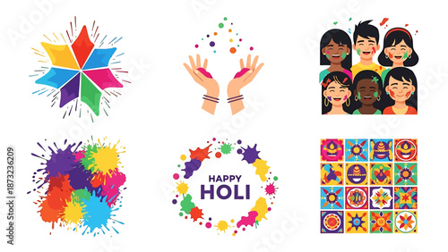 Vibrant Holi Celebration with People and Colorful Illustrations