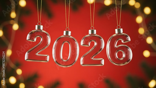 Hanging 2026 New Year Ornaments in Red Background with Lights