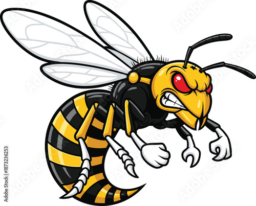 Aggressive hornet wasp mascot illustration, angry flying insect character with sharp stinger wings and bold colors isolated on white background vector design