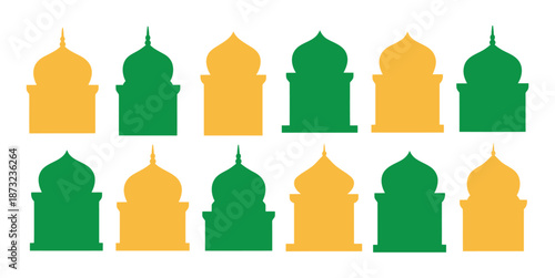 Collection of architectural silhouettes in yellow and green hues arranged in two rows on a plain white background from a straightforward viewpoint