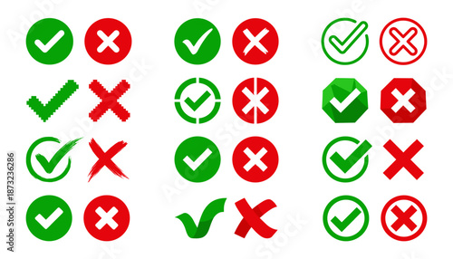 Collection of Green Check Mark and Red Cross Icons in Multiple Graphic Styles. Tick and X Symbols Representing Approval, Rejection, Success, and Failure for User Interface Design.
