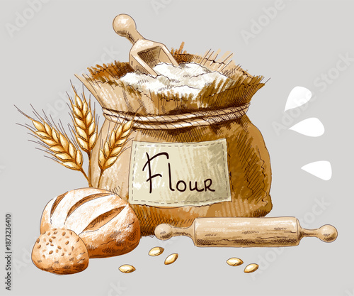 Composition with different types of bread, baked goods, bag of flour and ladle, rolling pin and ears of wheat. Imitation of pastels, hand-drawn.