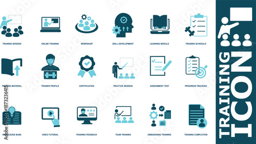 Business Training and Skill Development Icon Set for Employee Onboarding, Learning Modules, and Workshops. Teal Vector Icons for Corporate Education and Coaching.