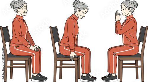 Elderly woman chair exercise routine illustration, senior fitness stretching sitting yoga poses, healthy aging workout guide, flat vector character design, wellness concept