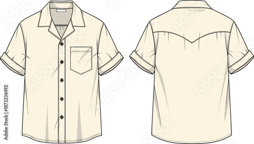 Men's Beige Short Sleeve Camp Collar Shirt Vector Technical Flat Sketch Mockup with Western Yoke Front and Back View