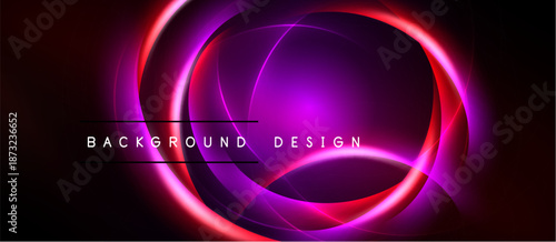 Abstract design features vibrant concentric circles. Purple, pink hues dominate dark background. Modern, dynamic composition.