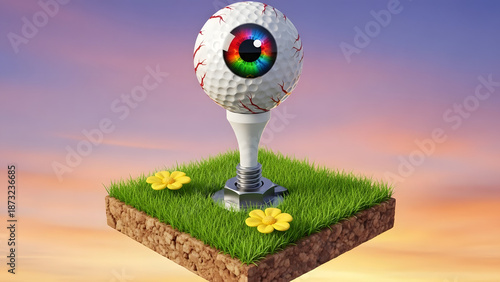 Golf ball eyeball on tee with flowers on grass patch sunset