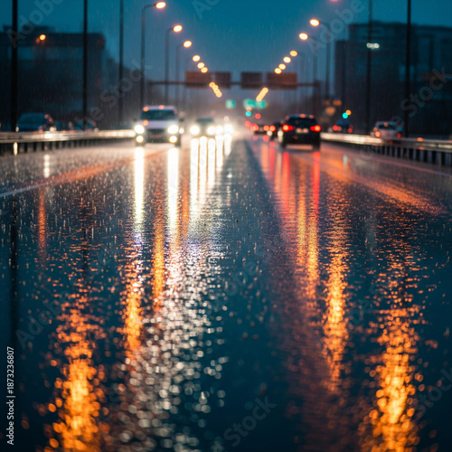 Rainy highway with blurred car headlights