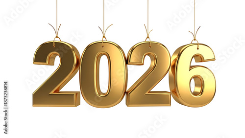 Golden 2026 hanging numbers, shiny and reflective, on white background