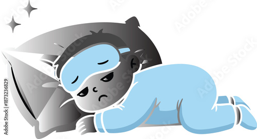 Sad tired child sleeping on floor with blue pajamas and sleep mask, resting head on pillow with sparkles, cartoon style