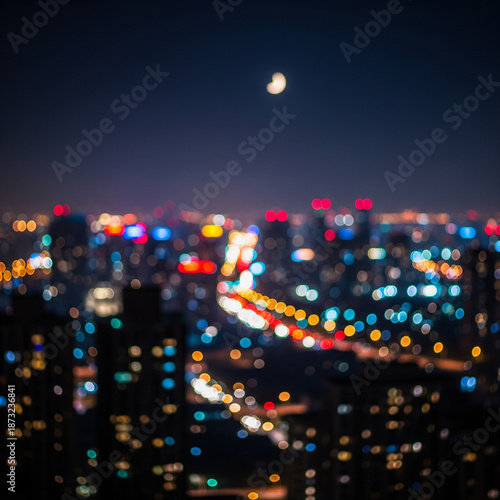 Night city background with soft bokeh blur lights