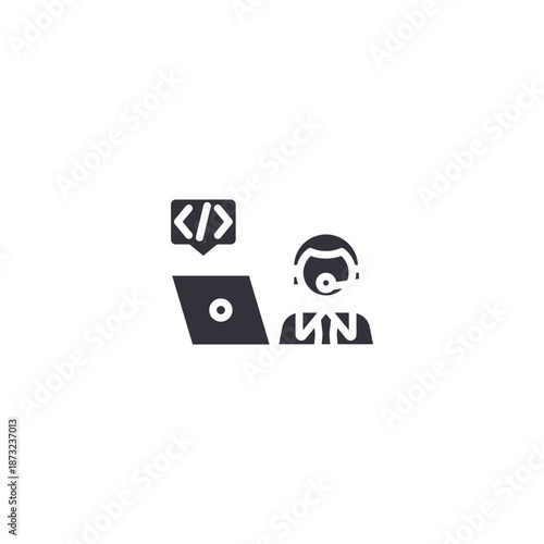 Programmer collaboration icon with laptop and avatar, symbolizing teamwork in software development and technical project management.
